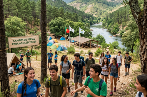Group of teenagers hiking and socializing at a summer camp near river and tents