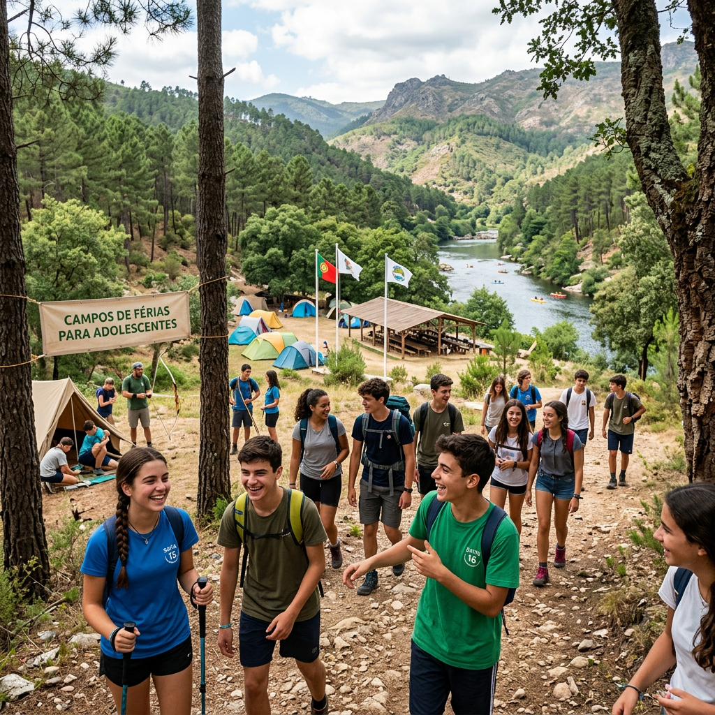 Group of teenagers hiking and socializing at a summer camp near river and tents
